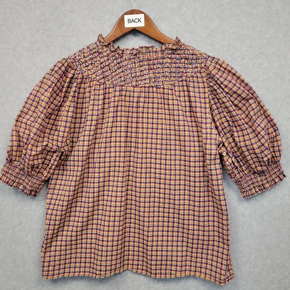 Olivia James The Label Women Large Plaid Smocked Puff Sleeve Blouse Top Cotton - Picture 4 of 10